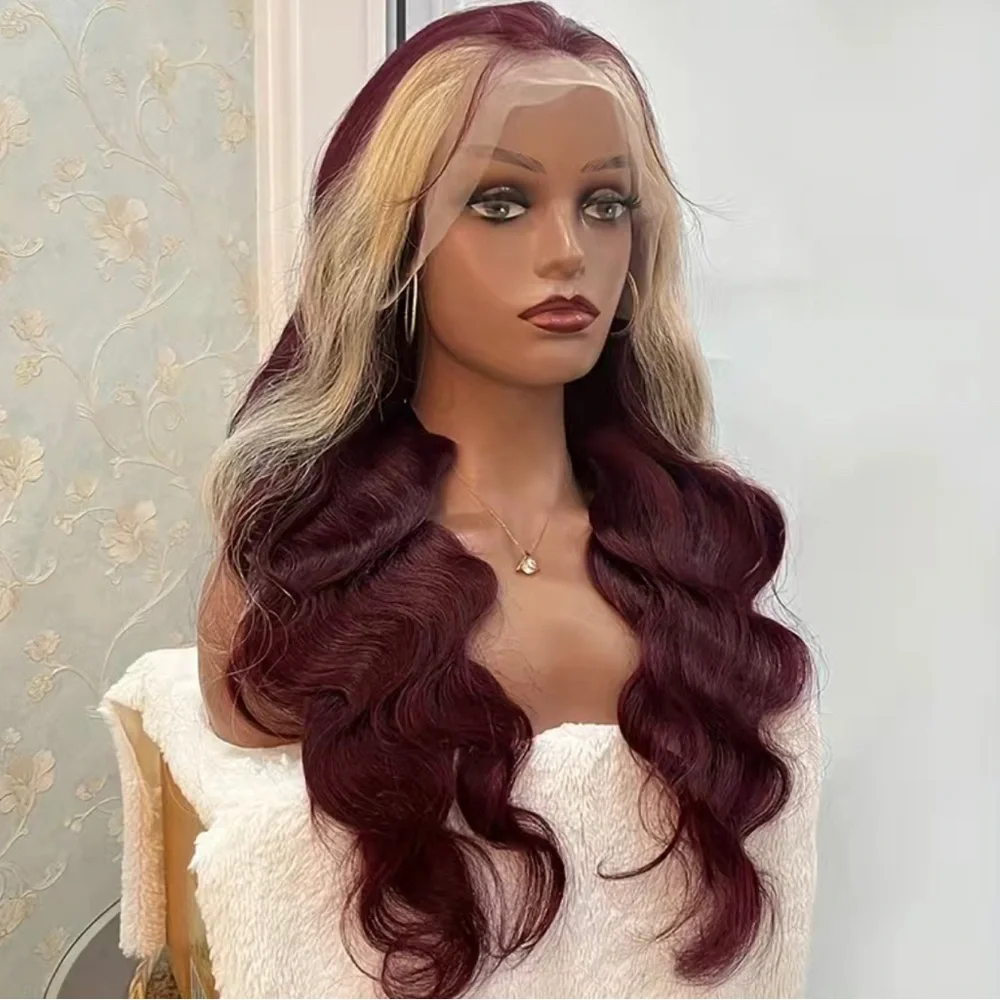 💕 SHEN 24” 99J Skunk Stripe Burgundy Blonde Colored Lace Front Human Hair *NEW*
